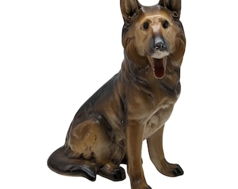 Perro pastor alemán cerámica pintada a mano 1985 bestia noble firmada 11 pulgadas de alto