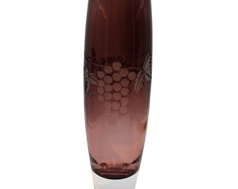 Vase Hand Blown Etched Grape Pattern Clear Base Ombre Light to Dark 10 Inch