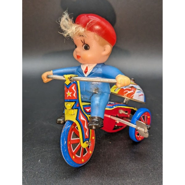 Lithograph Tin Toy Boy on Tricycle Wind Up Moves Bell Rings Vintage 1950s