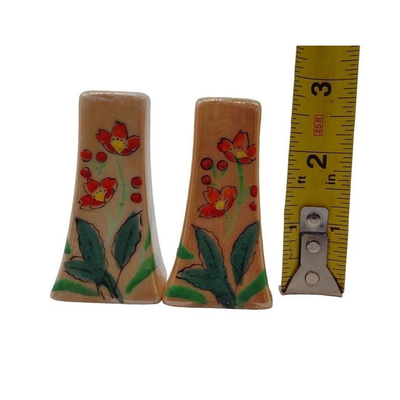 K&ouml;nnte beinhalten: Ein Paar Salz- und Pfefferstreuer aus Keramik mit floralem Design. Die Streuer sind pfirsichfarben mit roten Blumen und gr&uuml;nen Bl&auml;ttern. Die Streuer sind etwa 5 cm hoch.