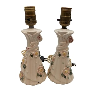 Boudoir Lamps 1940s Ceramic Applied Roses  For Dresser Night Stand Boho Vintage
