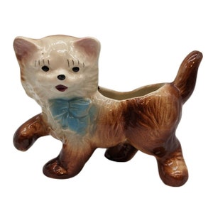Cat Kitty Planter Vintage Lovely Brown and Cream Blue Bow Eyelashes Hand Painted