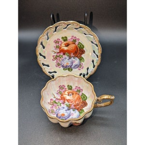 Cup and Saucer Kelvin Fine China Reticulated Saucer Footed Cup Opalescent Fruit