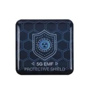 May include: A square, dark blue 5G EMF protective shield with a glossy finish. The shield features a honeycomb pattern and a central emblem of a shield with a radiation symbol. The text "5G EMF PROTECTIVE SHIELD" is displayed.