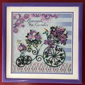 Handmade Unique Finished Embroidered Artwork - &quot;Romantic Garden&quot;. Hand embroidered wall art. Completed Embroidered Beaded Beautiful Picture