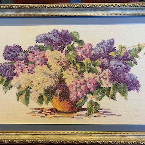 New Handmade Unique Finished Cross-Stitch Artwork - LILACS. Hand Cross-Stitched wall art. Completed Cross-Stitched Beautiful Picture