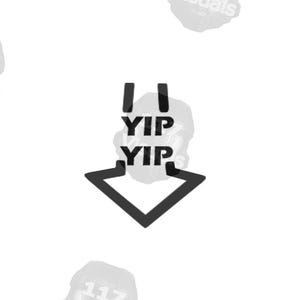 May include: Black and white graphic with the word "YIP" stacked twice, with an arrow pointing down. The design is centered on a white background, with faded gray shapes in the corners.