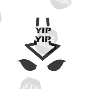 May include: A monochrome graphic design with the words "YIP YIP" above an arrow symbol and two eye shapes. The design is on a white background, with blurred "117 Visuals" logos scattered around.