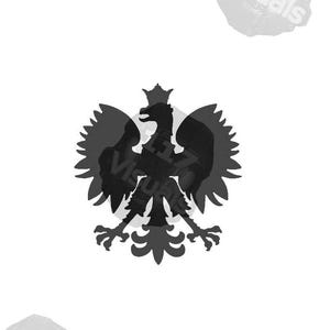 May include: A grayscale illustration of the Polish eagle, a heraldic symbol. The eagle is depicted with a crown, wings spread, and talons visible. The design is a silhouette against a white background, suitable for various applications.