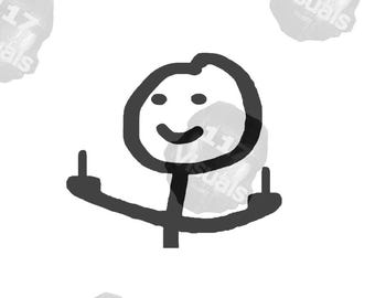 May include: A simple line drawing of a stick figure with a smiling face giving the middle finger with both hands.