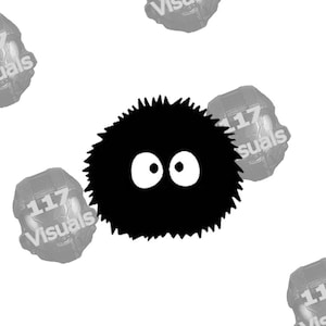 May include: A black, round, cartoon character with two large white eyes and a spiky outline. The image is set against a white background, with several grey, balloon-like shapes that have the text "117 Visuals".