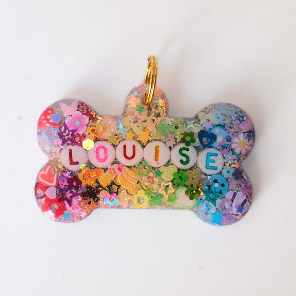 Placa de identificación para mascotas de resina con purpurina arcoíris: Placa personalizada para perros, hecha a medida.