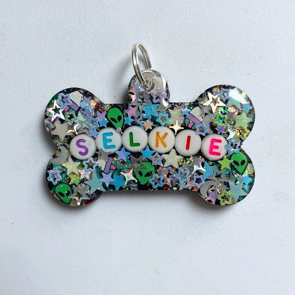 Sparkle Space Glow-in-the-Dark Resin Pet ID Tag, Glitter Pet Tag, Made-to-Order Pet Tag, Personalized Pet Tag