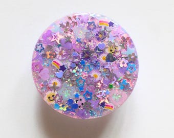 Soft Purple Sparkle Resin Phone Grip: Glitter Phone Stand, Swappable Option