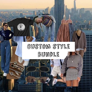 May include: A collage featuring various fashion items and outfits against a cityscape backdrop. Includes a black t-shirt, sunglasses, jewelry, a dress, a sweater, and jeans. The text "CUSTOM STYLE BUNDLE" is displayed in a white rectangle.