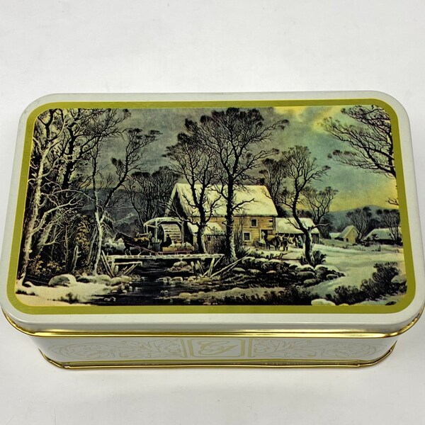 Currier and Ives Winter Scene Rectangular Metal Tin Box