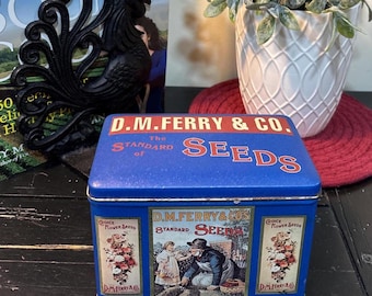Vintage D.M. Ferry & Co Seeds Collectible Blue Tin ~ Recipe Box ~ Decorative Seed Storage Container