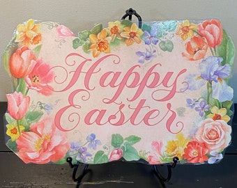 RARE 1982 Hallmark Beautiful Happy Easter Die Cut Floral Wall Decor Sign,  Laminated Seasonal Decoration