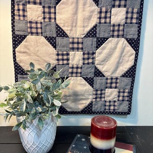 Vintage Hand Crafted Mini Quilt ~ Blue & Beige ~ Gingham ~ Plaid ~ Primitive ~ Rustic ~ Country ~ Farmhouse