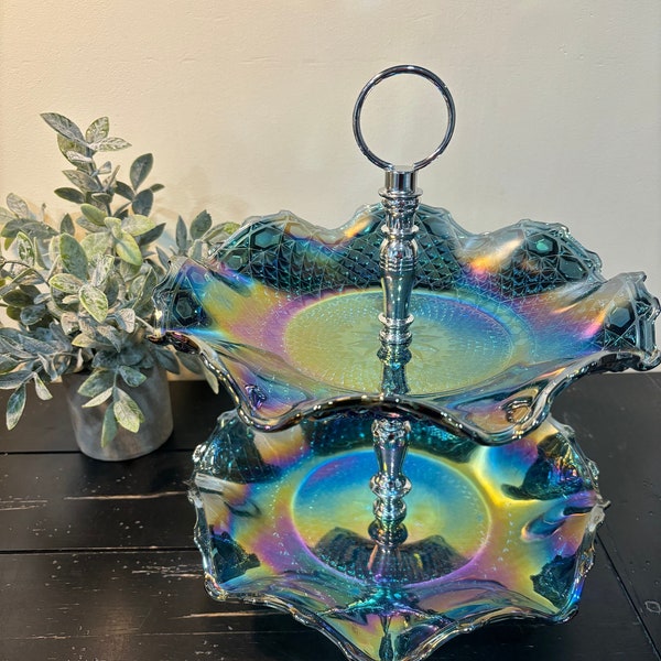 Blue Iridescent Carnival Glass Two-Tier Hostess Server, Ruffled Serving Tray, Dinnerware Piece to Host Party, Shower; Vtg Gift, Collectible