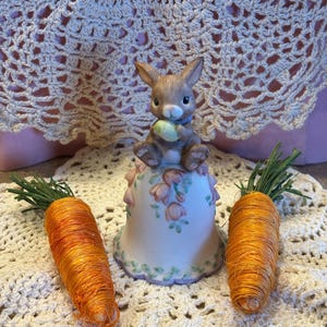 Vintage Easter Holiday Spring Season Decorative Porcelain Hand Bell ~ Fabrizio ~ George Good ~ Bunny Rabbit Holding Egg ~ Pink Tulip Flowers