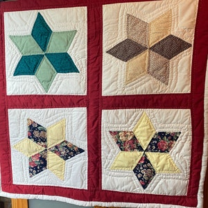 Vintage Handmade Lap Quilt, Display Piece, Hand Sewn, Country Stars, Floral, Colorful, Red, Blue, Yellow, White, Teal, Green, Brown, Tan