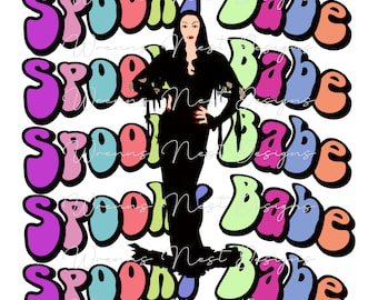 May include: A colorful graphic design featuring the text "Spooky Babe" repeated five times in a rainbow of colors. A silhouette of a woman in a long black dress stands in the center of the design.
