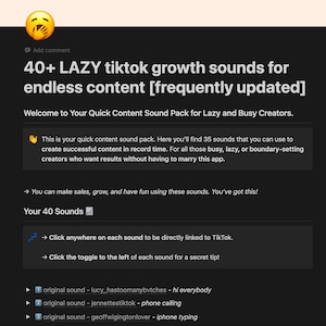 Puede incluir: Una captura de pantalla de un sitio web con el texto "40+ LAZY tiktok growth sounds for endless content [frequently updated]" y una lista de 35 sonidos que se pueden usar para crear contenido exitoso en TikTok.