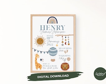 Custom Birth Announcement | Printable Nursery Wall Art | Personalised Birth Stats Decor | Newborn Baby Boy Gift | New Parent Baby Shower