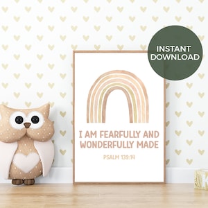 Christian Nursery Bible Verse Printable | Gender Neutral Fearfully and Wonderfully Made Scripture Verse | Boho Christian Rainbow Wall Art