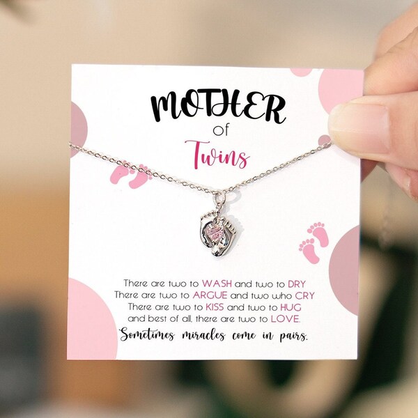 Mom Of Twins Necklace, Gift for New Mom Necklace, Pregnancy jewelry, Twins mom, Pregnant With Twins, Engravable Baby Feet Birthstone Pendant