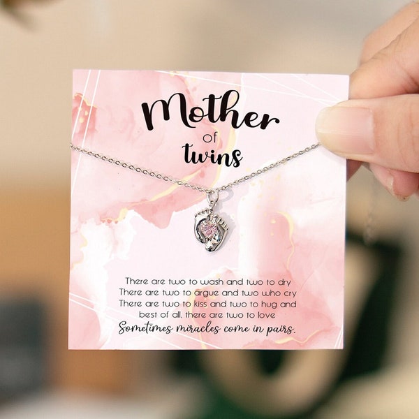 Mom Of Twins Necklace, Gift for New Mom Necklace, Pregnancy jewelry, Twins mom, Pregnant With Twins, Engravable Baby Feet Birthstone Pendant