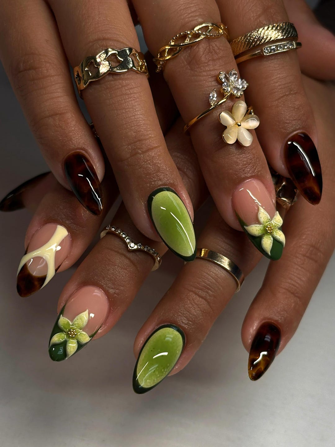 Tortoise Shell Press on Nails | 3D Frangipani Olive Green Botanical ...