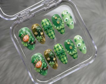 St. Patrick's Day Press On Nails, Lucky Leprechaun & Shamrock Nail Art, Almond Manicure