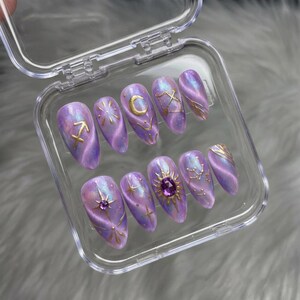 Mystic Sagittarius Press On Nails, Cat Eye Purple Gold, Almond Gel Tips image 3