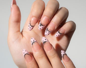 Handmade Polka Dot Press On Nails, Pink Bow Design, Girly Nail Art