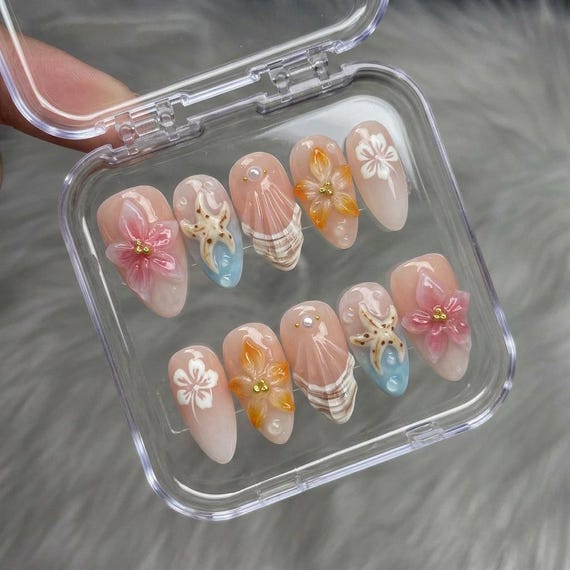 Golden Tropical Press on Nails, Almond 3D Shell Starfish, Handmade Pink Coral Acrylic Nails