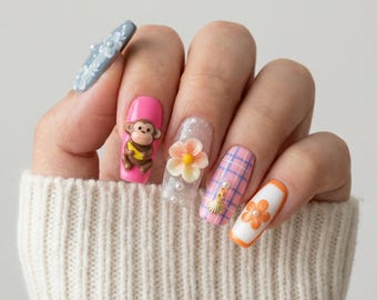 Handgjorda Kawaii Press On Naglar, 3D Berlocker, Återanvändbar Nagelkonst för År 2000