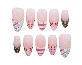 Handmade Pink Plaid Dot Press On Nails, French Tip Nail Art