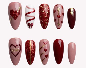 Valentine's Day Press On Nails, Pink Red Heart Almond Tips