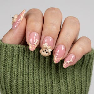 Dog Press On Nails, Cuddly Poodle Puppy Nail Art, Almond Gel Tips, Reusable Manicure