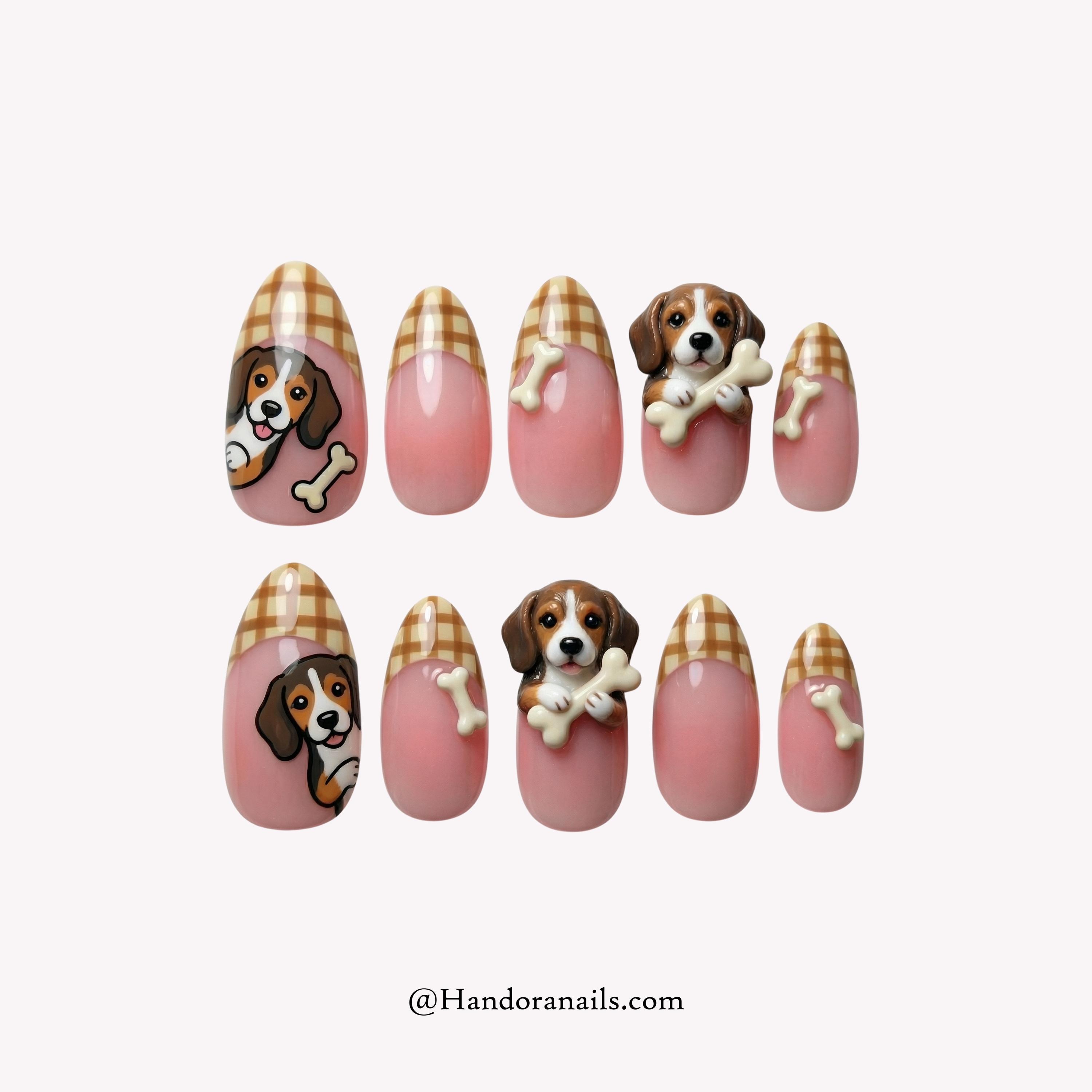 Dog Press on Nails, 3D Beagle Puppy Nail Art With Bones, Almond Gel ...