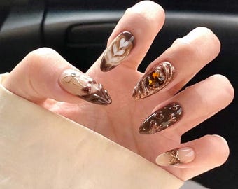 Valentine Press On Nails, Brown Coquette Bow & Heart, Almond Gel Tips, Reusable Manicure