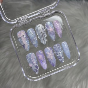 Handmade Ocean Jellyfish Press on Nails, 3D Mermaid Shell Purple Blue Almond Acrylic Nails