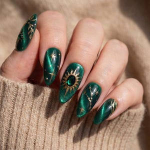 Taurus Cat Eye Press On Nails, Emerald Green Gold Celestial, Almond Gel Tips