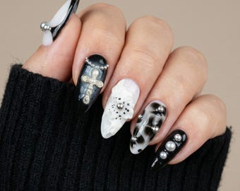 Y2K Press On Nails, Black and White Airbrush Gothic, Almond Gel Tips, Reusable Manicure
