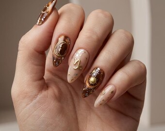 Uñas postizas Capricornio, uñas de ojo de gato ámbar y marrón, manicura reutilizable.