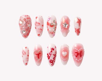 Valentine Press On Nails, Love Baby Pink Kiss Print, Almond Gel Tips, Reusable Manicure