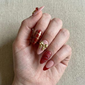 Valentine Cherry Red Plaid Press On Nails, Gold Bow, Custom Initial