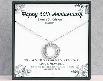 Personalized 60th Anniversary Silver Necklace - 6 Rings For 6 Decades - Diamond Wedding Anniversary Gift for Parents, Grandparents, Aunt